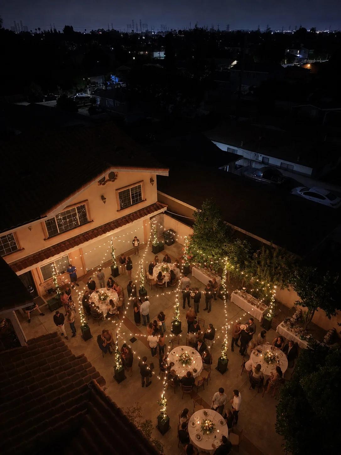 Aerial view of a Los Angeles backyard event with installed string lights