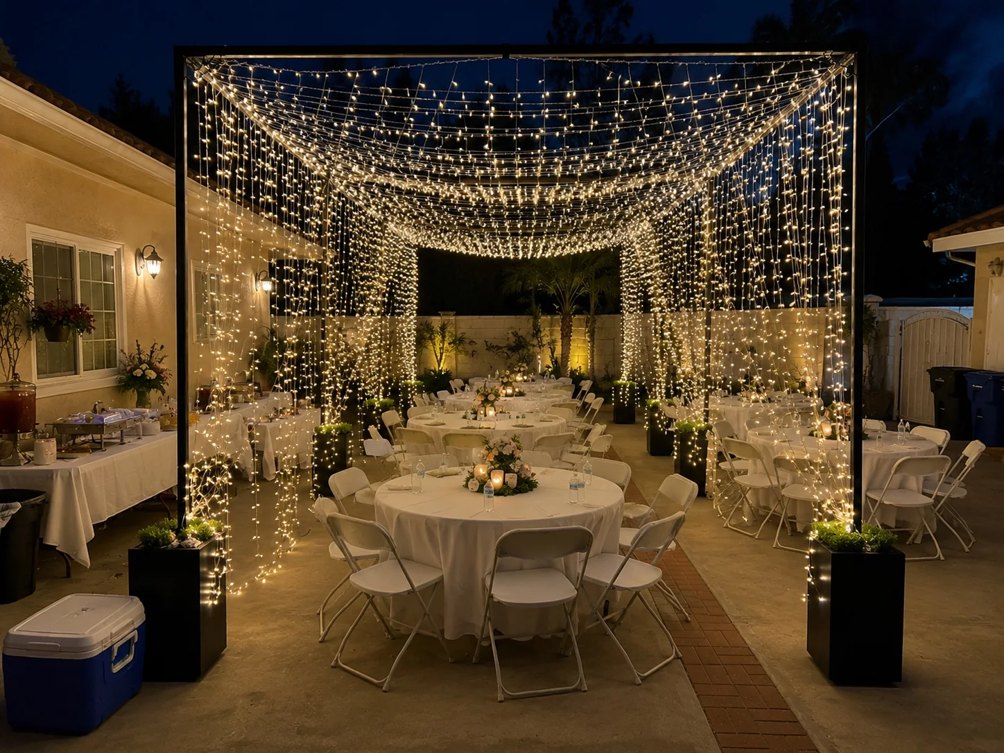 Fairy light canopy and curtain lights installed over outdoor dining tables