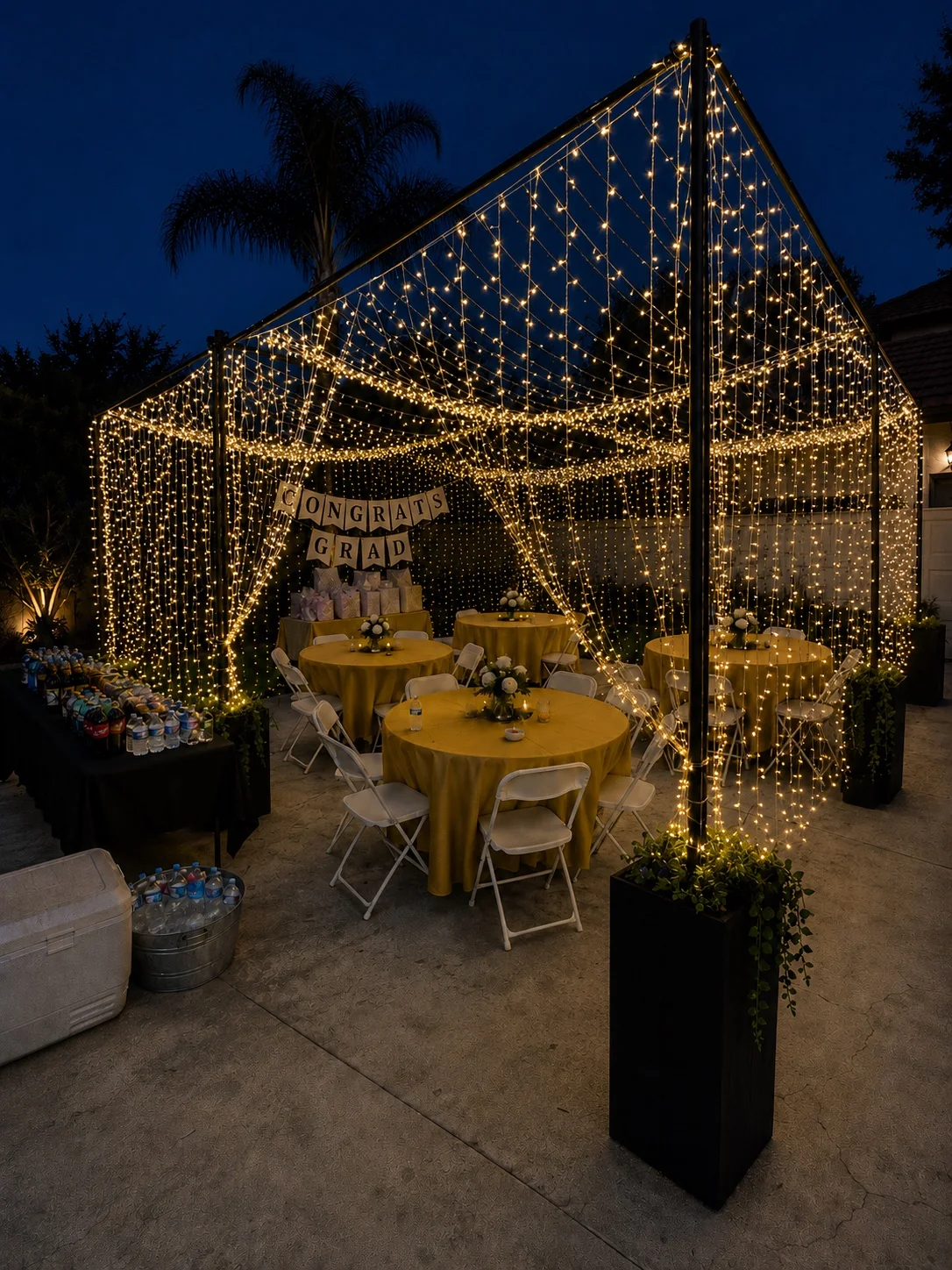 Fairy light canopy rental surrounding tables at a graduation party